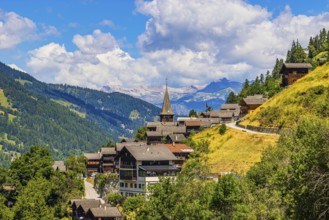 The mountain village of Ayer, Saint Anna church, Val d'Anniviers, Valais Alps, Canton Valais,