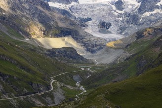 A pass road leads to the Moiry Glacier and the Moiry Glacier Lake, above Grimentz, Val d'Anniviers,