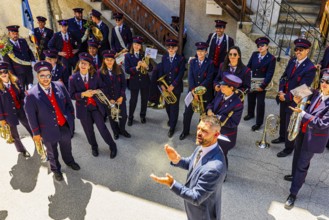 The brass band Echo des Alpes plays at the musicians' meeting in Mission, Val d'Anniviers, Valais
