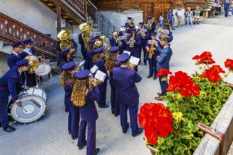 The brass band Echo des Alpes plays at the musicians' meeting in Mission, Val d'Anniviers, Valais