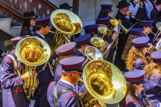 The brass band Echo des Alpes plays at the musicians' meeting in Mission, Val d'Anniviers, Valais