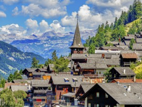 The mountain village of Ayer with the church of Saint Anna, drone image, Val d'Anniviers, Valais