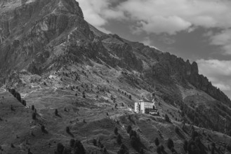 The historic Hotel Weisshorn, black and white photograph, below the Weisshorn mountain, Val