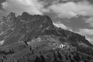 The historic Hotel Weisshorn, black and white photograph, below the Weisshorn mountain, Val