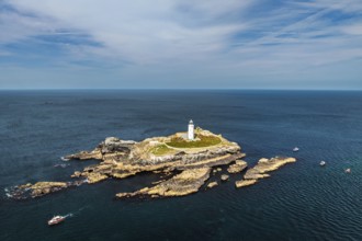 Godrevy Lighthouse from a drone, Godrevy Island, St Ives Bay, Cornwall, England, United Kingdom