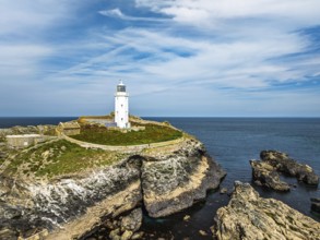Godrevy Lighthouse from a drone, Godrevy Island, St Ives Bay, Cornwall, England, United Kingdom