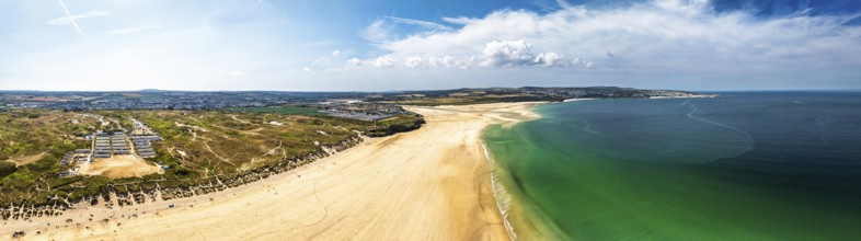 Panorama of Hayle Beach and Hayle Estuary from drone, St Ives Bay, Cornwall, England, United