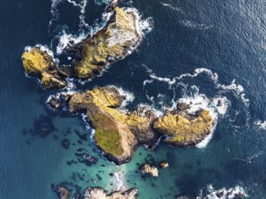 Top Down view over Kynance Cove from a drone, Mount's Bay, Lizard Point, Cornwall, England, United