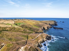 Lizard Peninsula cliffs from a drone, South West Coast Path, Lizard, Cornwall, England, United