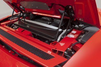 Red Audi R8, V10 engine, open engine compartment