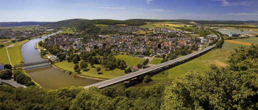 Elevated view of the river Weser and the town of Bodenwerder, birthplace of Münchhausen,