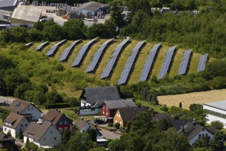 Elevated view of a small solar park from Eckberg, Bodenwerder, Weserbergland, Lower Saxony, Germany