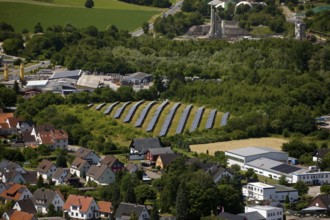 Elevated view of a small solar park from Eckberg, Bodenwerder, Weserbergland, Lower Saxony, Germany