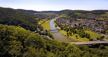 Elevated view of the river Weser and the town of Bodenwerder, birthplace of Münchhausen,