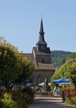 Pedestrian zone to the Protestant town church of St Nicolai in the Münchhausen town of Bodenwerder,