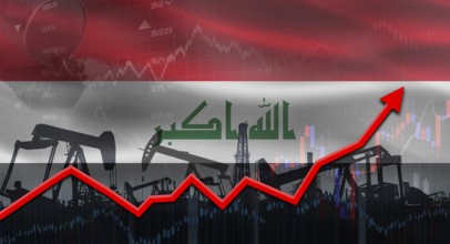 Oil pumps with Iraq flag. Oil production with Iraq flag, petrol industry