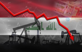 Petrol crisis with Iraq flag on financial graph. Fall oil price with flag of Iraq on economic chart
