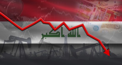 Fall oil price with flag of Iraq on economic chart, Petrol crisis with Iraq flag on financial graph