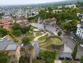 Bird's eye view of castle-like structures with monument and trees in urban surroundings, aerial