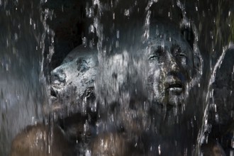 Fountain of Knowledge by Heinrich Jobst, close-up in the large spa gardens of Bad Nauheim, Hesse,