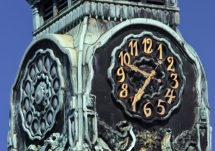 Detail of the clock tower, Sprudelhof, an important spa complex built between 1905 and 1911 in Art
