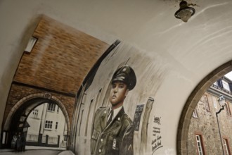Graffiti by Gnasher in the archway, the castle gate was the backdrop for the cover of the Elvis