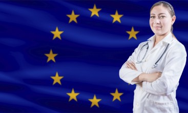 Female doctor on European Union flag. Doctor with crossed arms on European Union flag. EU health