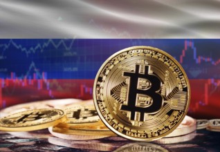 Bitcoin with Russia flag in the background. Investors in cryptocurrency and Blockchain Technology
