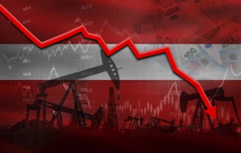 Petrol crisis with Latvia flag on financial graph. Fall oil price with flag of Latvia on economic