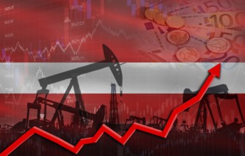 Oil production with Latvia flag, petrol industry. Oil pumps with Latvia flag