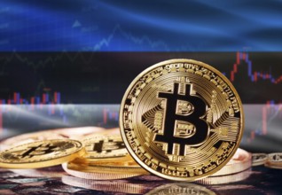 Bitcoin with Estonia flag in the background. Investors in cryptocurrency and Blockchain Technology