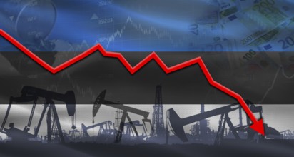 Fall oil price with flag of Estonia on economic chart, Petrol crisis with Estonia flag on financial