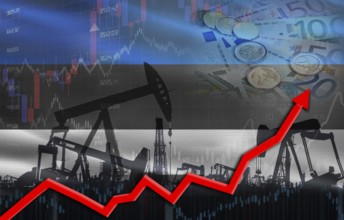 Oil production with Estonia flag, petrol industry. Oil pumps with Estonia flag
