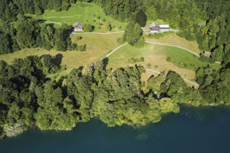 Rütli meadow, Grütli Museum and the Rütli House, Restaurant from above, Lake Lucerne, Rütli,