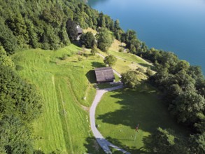 Rütli meadow, Grütli Museum and the Rütli House, Restaurant from above, Lake Lucerne, Rütli,