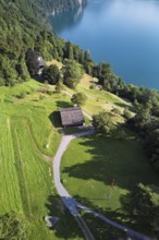 Rütli meadow, Grütli Museum and the Rütli House, Restaurant from above, Lake Lucerne, Rütli,