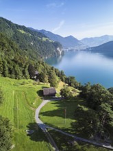 Rütli meadow, Musée Grütli and the Rütli House, behind Brunnen, Lake Lucerne, Rütli, Canton, Uri,