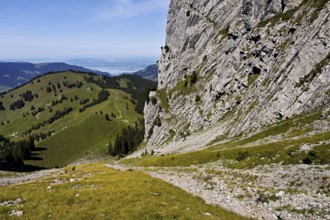 View from Bockmattli to the Mittelland, Lake Zurich in the background, Innerthal, Canton, Schwyz,