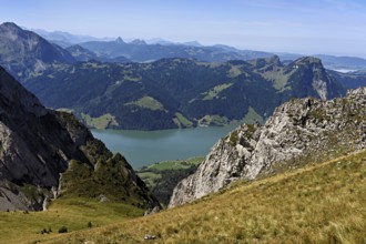 View from Bockmattli to the Wägitalersee, behind the small and large Aubrig, Innerthal, Canton,