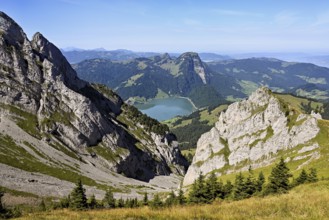 View from Bockmattli to the Wägitalersee, behind the small and large Aubrig, Innerthal, Canton,