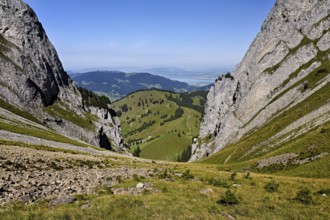 View from Bockmattli to the Mittelland, Lake Zurich in the background, Innerthal, Canton, Schwyz,