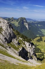 View from Bockmattli into the valley, behind the small and large Aubrig, Innerthal, Canton, Schwyz,
