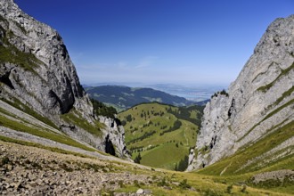 View from Bockmattli to the Mittelland, Lake Zurich in the background, Innerthal, Canton, Schwyz,