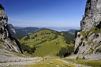 View from Bockmattli to the Mittelland, Lake Zurich in the background, Innerthal, Canton, Schwyz,