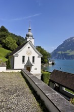 Roman Catholic Church of St Idda, Lake Lucerne in the background, Bauen, Canton, Uri, Switzerland