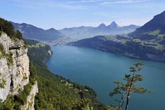 View from Seelisberg to Lake Lucerne, behind Brunnen and the small and large Mythen, Seelisberg,