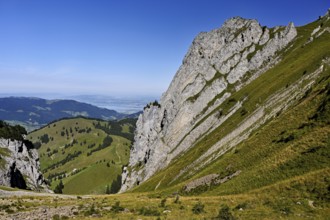 View from Bockmattli to the Mittelland, Lake Zurich in the background, Innerthal, Canton, Schwyz,
