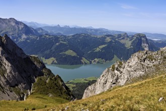 View from Bockmattli to the Wägitalersee, behind the small and large Aubrig, Innerthal, Canton,