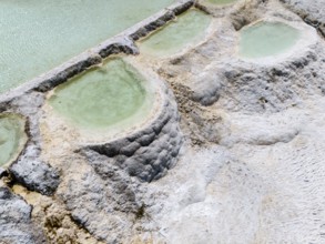 Close-up of small limestone pools with clear water basins, aerial view, Akkaya Travertines, Bolu
