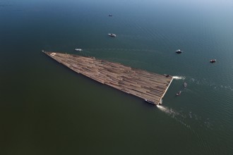 Forestry workers float a raft of felled tree trunks from Bergmatt across Lake Ägeri to the harbour,